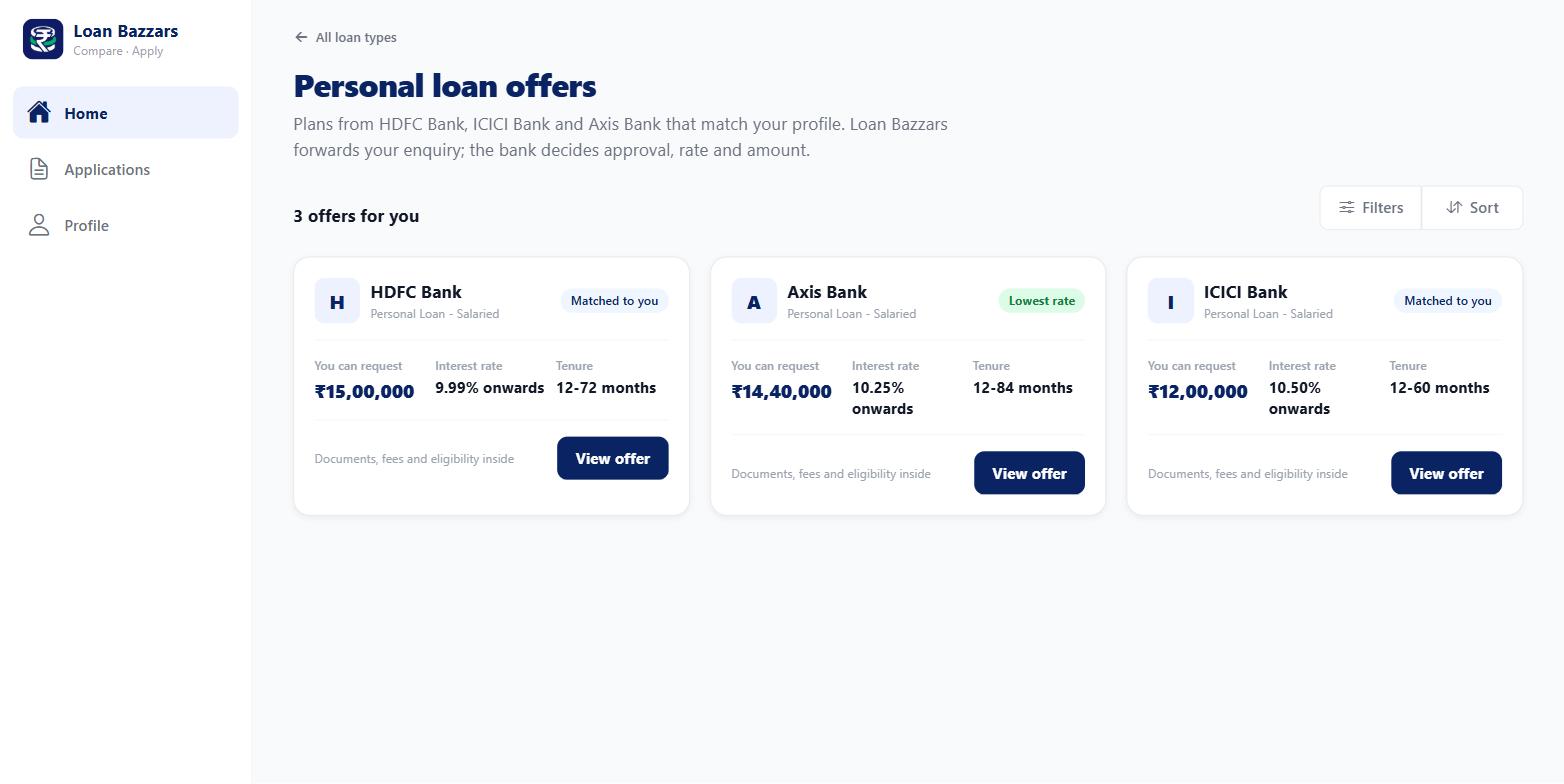 Matched personal loan offers from three banks shown side by side in the Loan Bazzars app